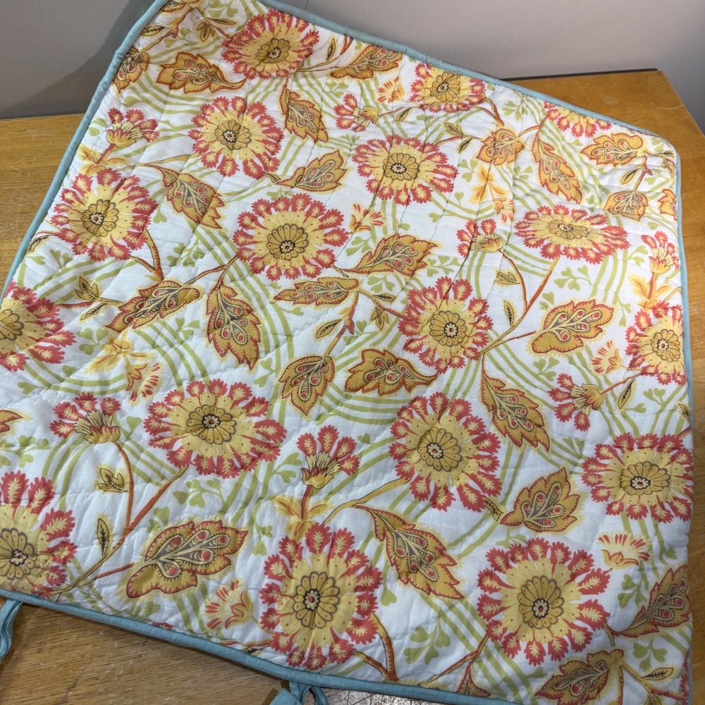 Pottery Barn Euro Sham Blue Orange Floral Reversible Quilted Organic Cotton Tie